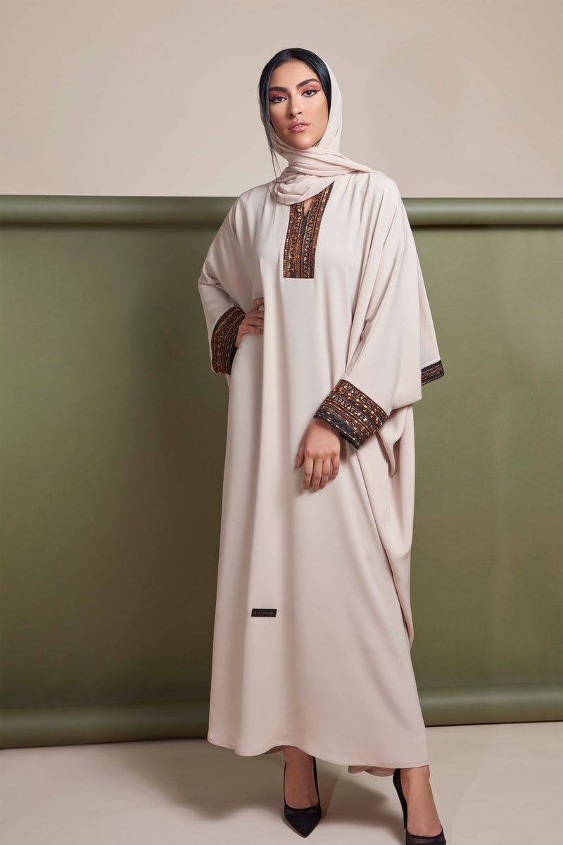 BEIGE WOVEN JACQUARD CREPE ABAYA