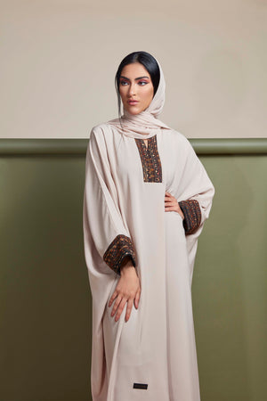 BEIGE WOVEN JACQUARD CREPE ABAYA