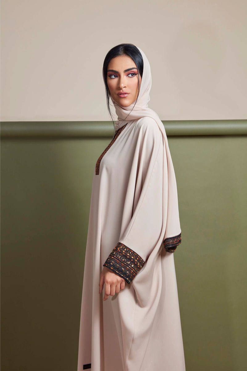 BEIGE WOVEN JACQUARD CREPE ABAYA