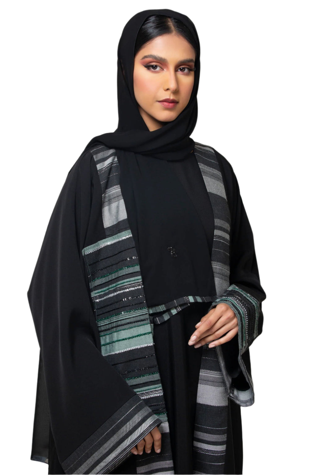 DARK GREY STRIPED ROUNDED TROUSER OPEN ABAYA