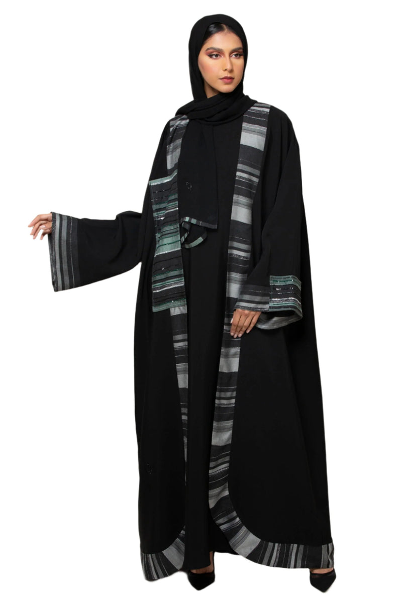 DARK GREY STRIPED ROUNDED TROUSER OPEN ABAYA