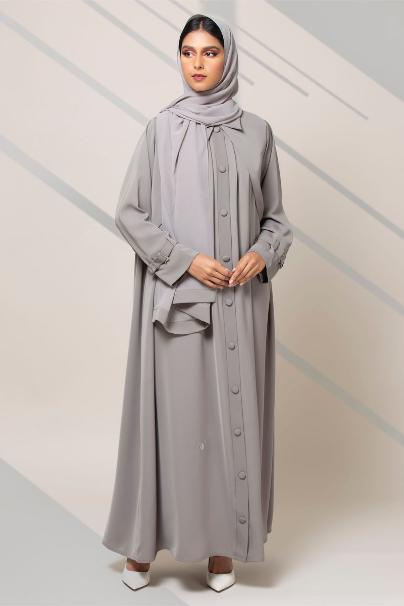 LIGHT GREY COLLARED BUTTONED CREPE ABAYA