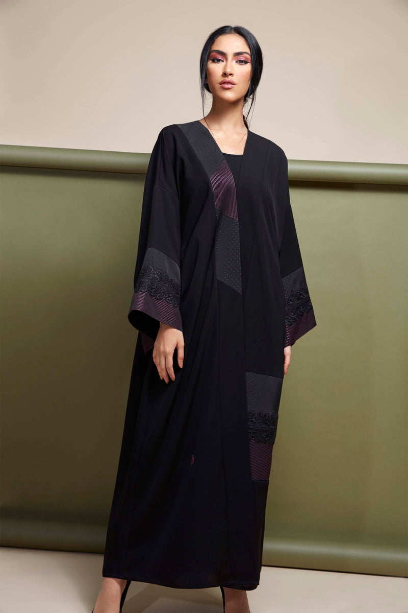 BLACK KNITTED FABRIC LACE EMBROIDERED OPEN ABAYA