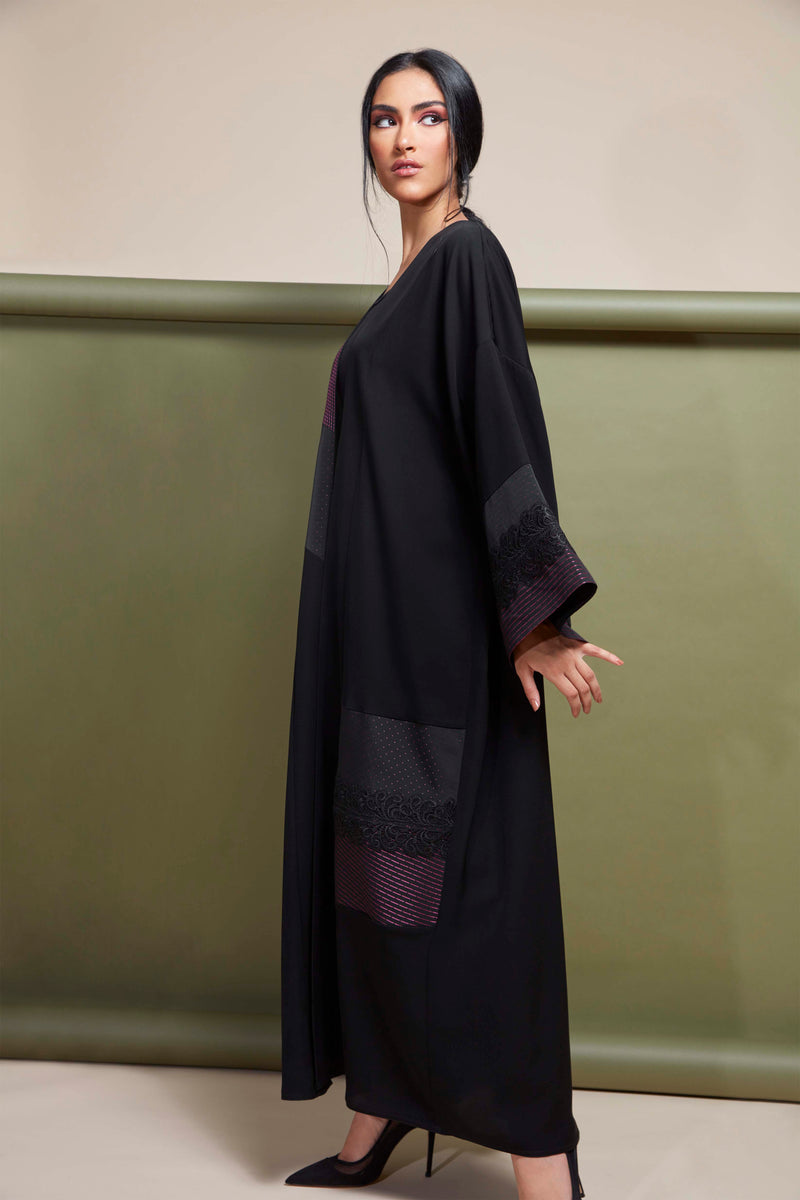 BLACK KNITTED FABRIC LACE EMBROIDERED OPEN ABAYA