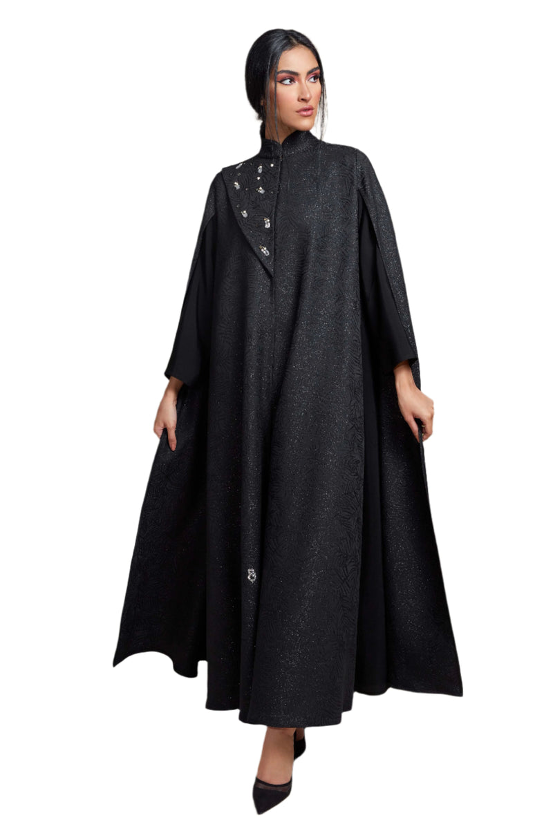 BLACK FRENCH JACQUARD CRYSTALIZED ABAYA.