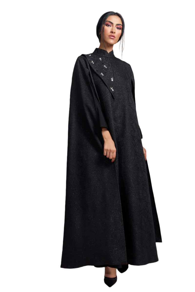 BLACK FRENCH JACQUARD CRYSTALIZED ABAYA.