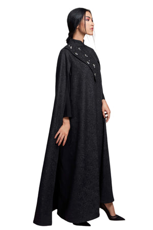 BLACK FRENCH JACQUARD CRYSTALIZED ABAYA.