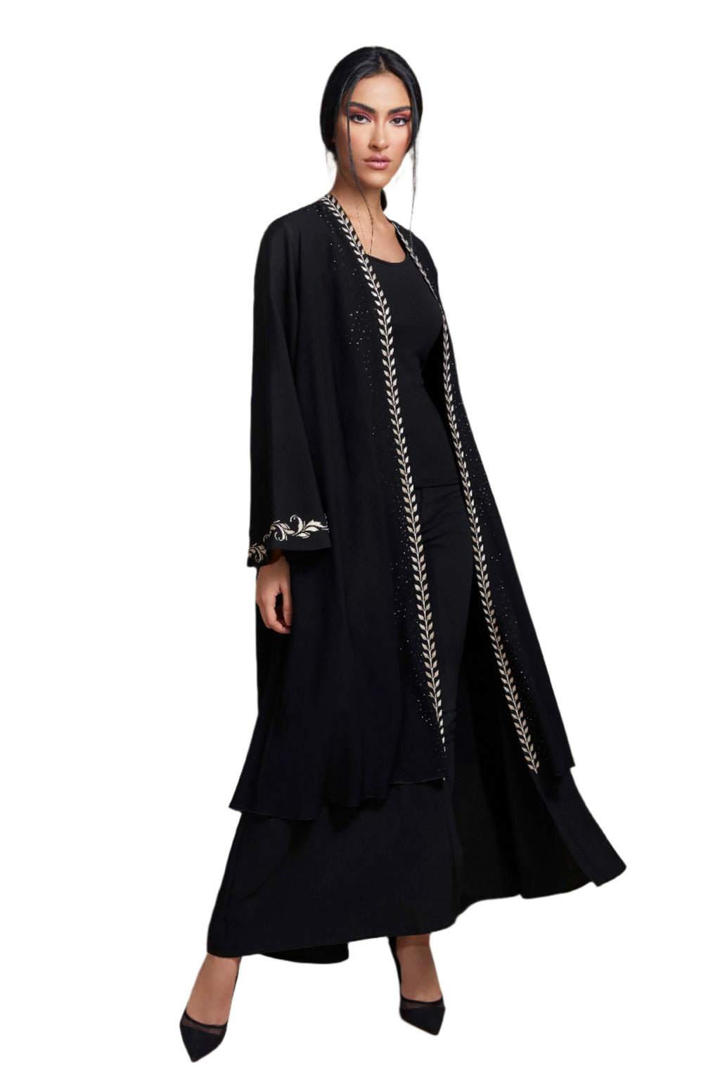 BLACK WITH GOLD EMBROIDERED DOUBLE LAYERED OPEN ABAYA.