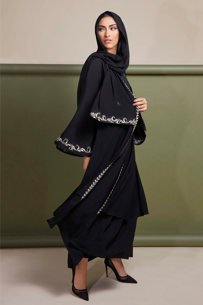 BLACK WITH GOLD EMBROIDERED DOUBLE LAYERED OPEN ABAYA.