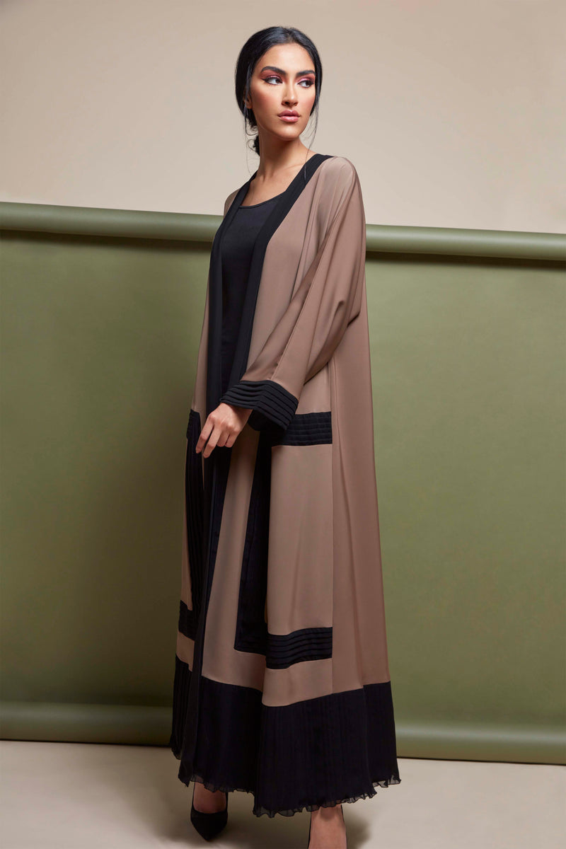 MOCCA PLEATED PANNELED CREPE OPEN ABAYA.