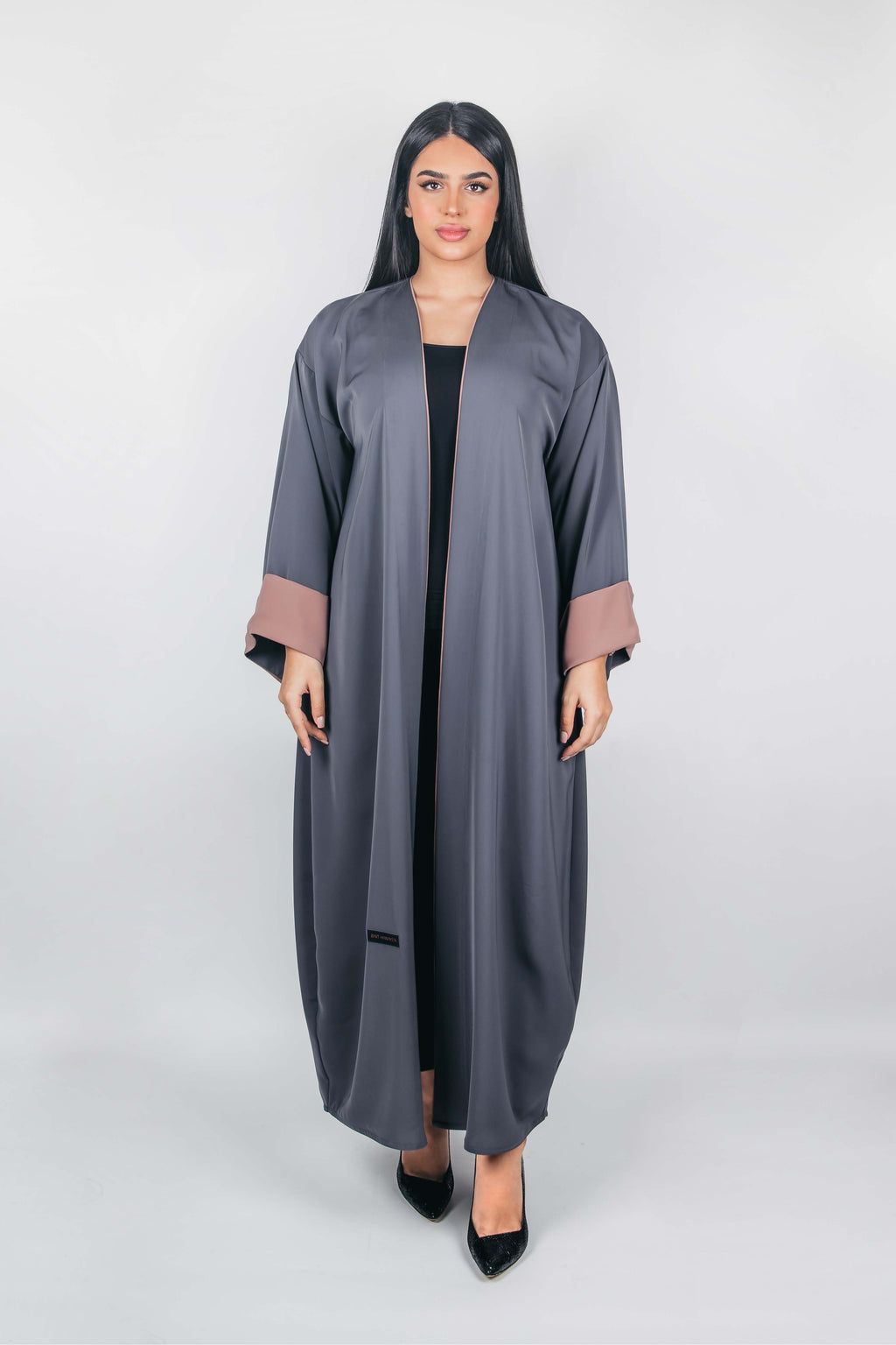 SOLID GREY PLAIN CREPE  OPEN ABAYA.