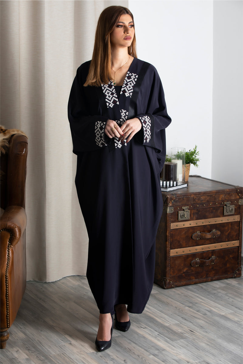 NAVY BLUE EMBROIDERED CREPE ABAYA.