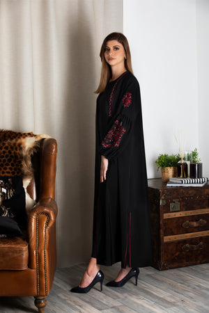 BLACK EMBROIDERED PUFF SLEEVE SALOAN ABAYA.