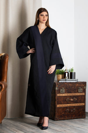 NAVY BLUE FRENCH JACQUARD BISHT OPEN ABAYA.