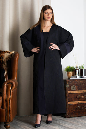 NAVY BLUE FRENCH JACQUARD BISHT OPEN ABAYA.