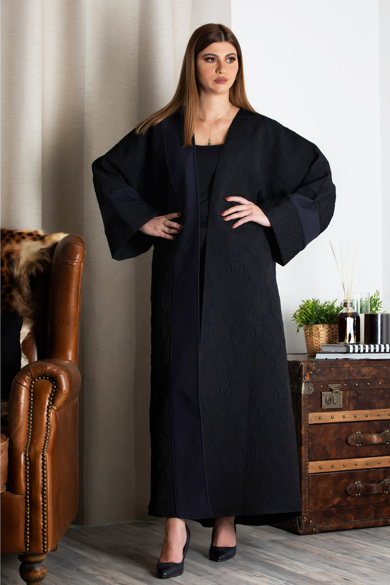 NAVY BLUE FRENCH JACQUARD BISHT OPEN ABAYA.