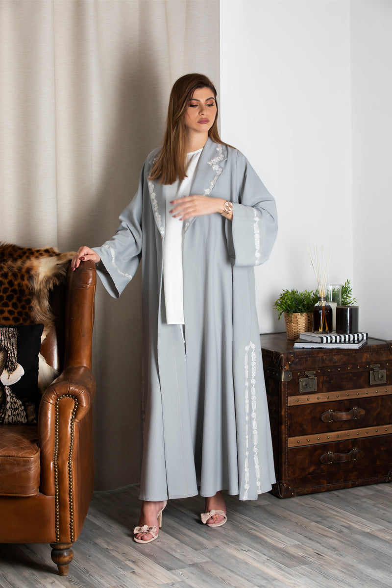 LIGHT GREY FLORAL EMBORIDERED JACKET ABAYA.