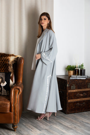 LIGHT GREY FLORAL EMBORIDERED JACKET ABAYA.