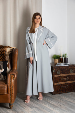 LIGHT GREY FLORAL EMBORIDERED JACKET ABAYA.