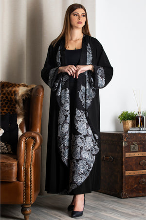 BLACK DOUBLE FACE PATTERNED OPEN ABAYA.