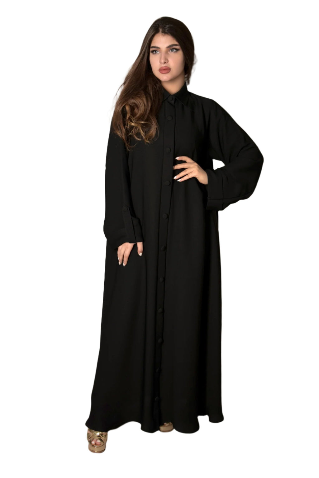 BLACK COLLARED BUTTONED STYLE PLAIN ABAYA.