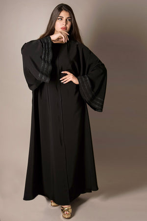 BLACK PATTERNED HAND EMBROIDERED SEQUINS ABAYA.