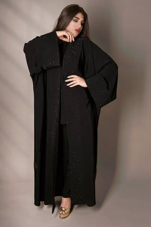 BLACK STAR GAZE LAPELS CRYSTALLIZED ABAYA.