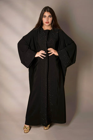 BLACK STAR GAZE LAPELS CRYSTALLIZED ABAYA.