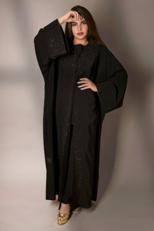 BLACK STAR GAZE LAPELS CRYSTALLIZED ABAYA.