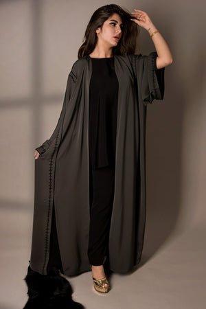 DARK GREY HAND EMBROIDERED SLEEVE CREPE ABAYA.