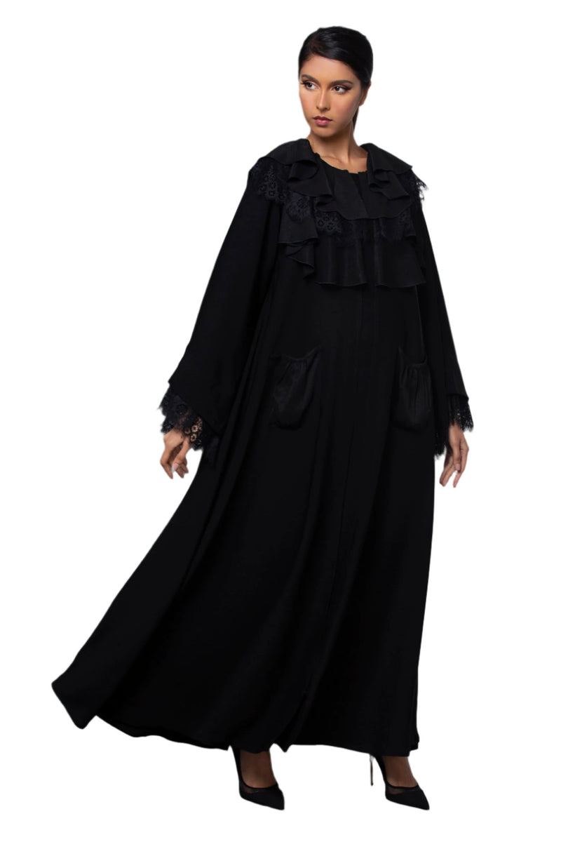 BLACK RUFFLE FRENCH LACE SALOAN ABAYA.