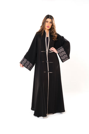 BLACK LACE APPLIQUE OPEN ABAYA