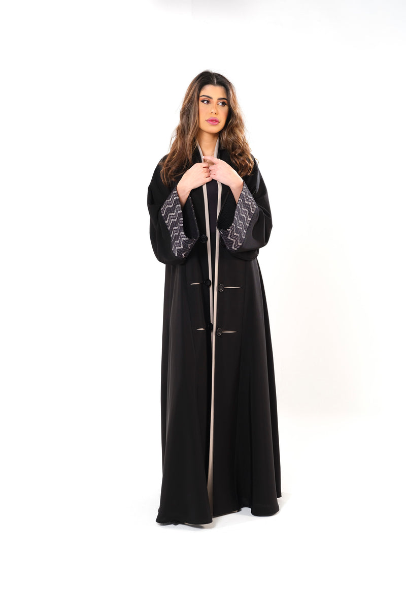 BLACK LACE APPLIQUE OPEN ABAYA