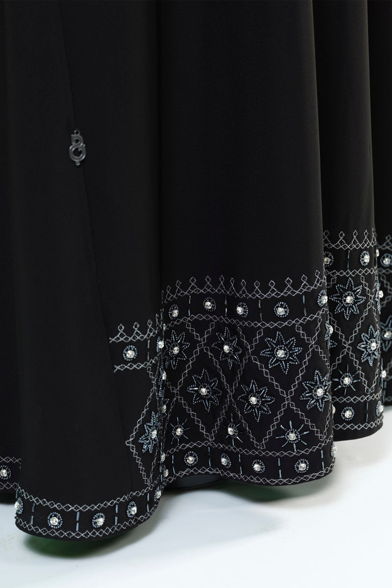 BLACK HAND EMBROIDERED CRYSTALIZED SOALON ABAYA.