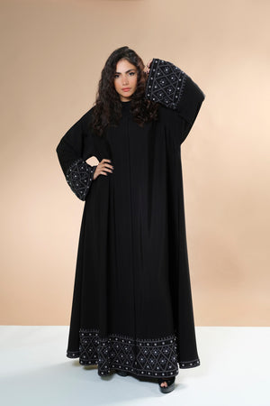 BLACK HAND EMBROIDERED CRYSTALIZED SOALON ABAYA.