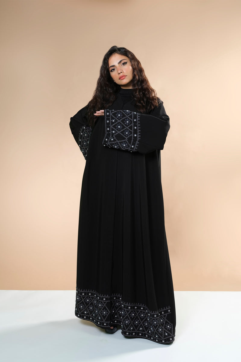 BLACK HAND EMBROIDERED CRYSTALIZED SOALON ABAYA.