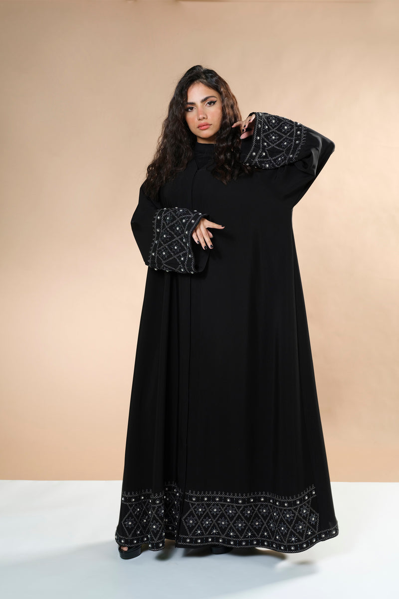 BLACK HAND EMBROIDERED CRYSTALIZED SOALON ABAYA.