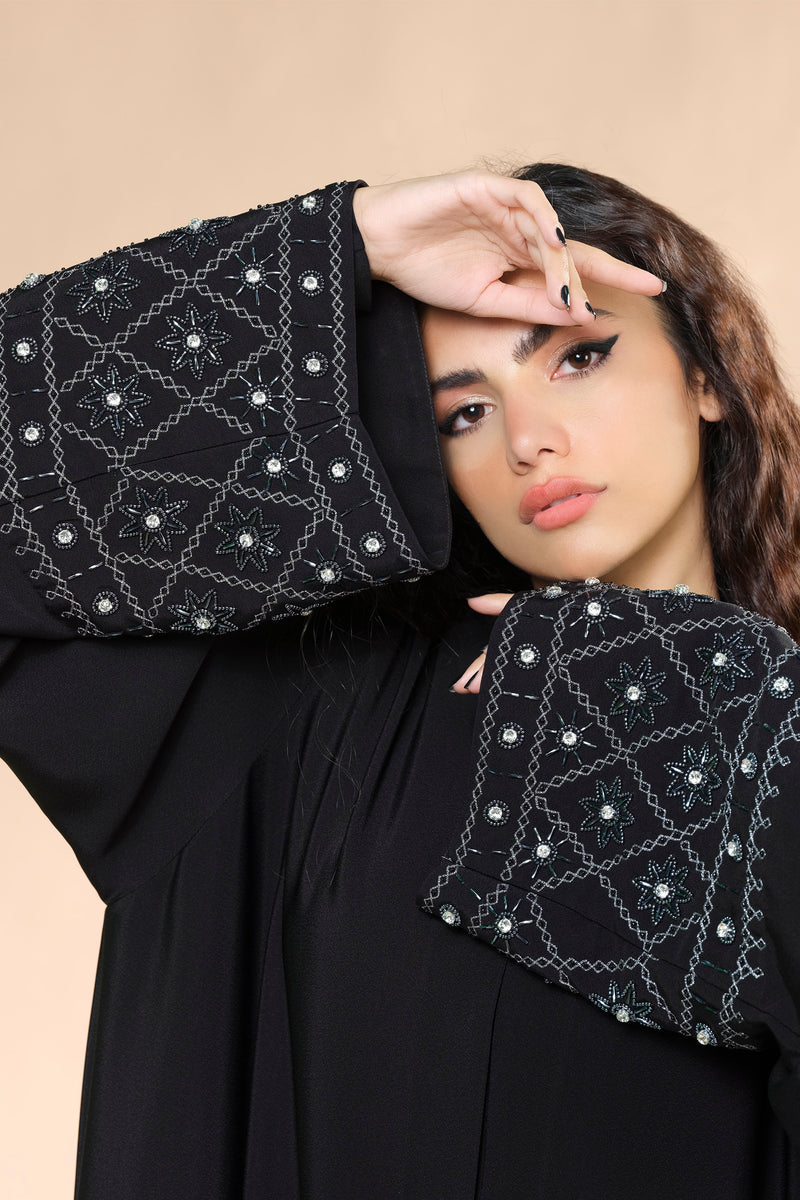 BLACK HAND EMBROIDERED CRYSTALIZED SOALON ABAYA.