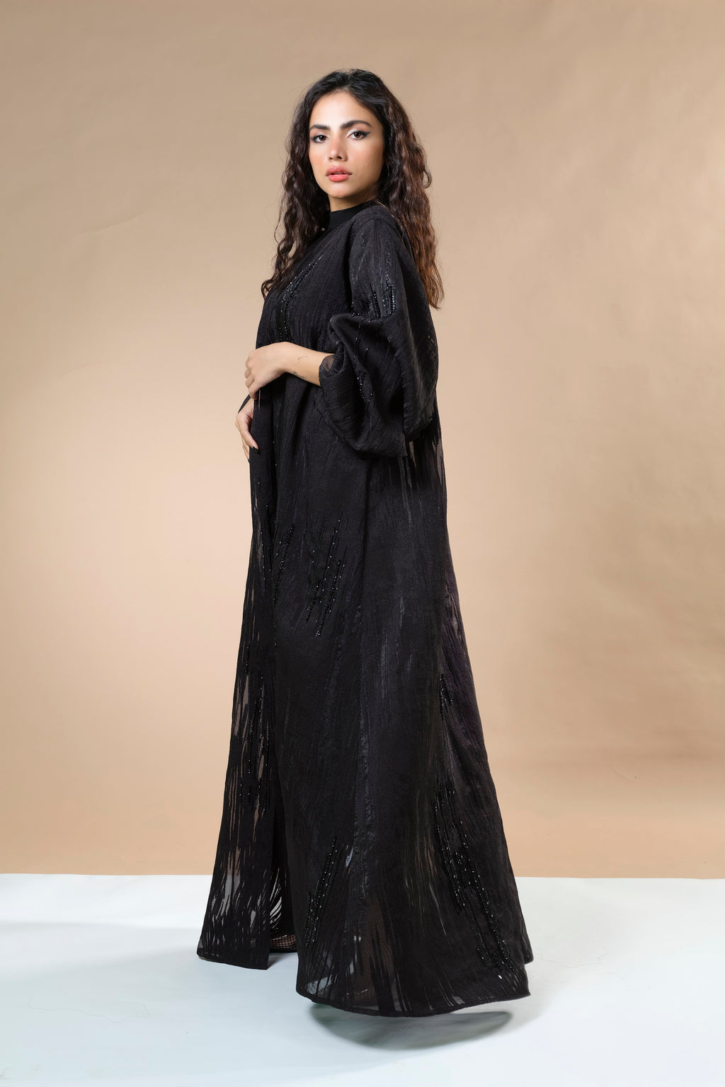 BLACK JACQUARD HAND EMBRODERED OPEN ABAYA.