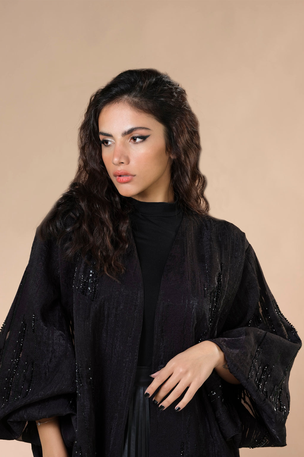 BLACK JACQUARD HAND EMBRODERED OPEN ABAYA.