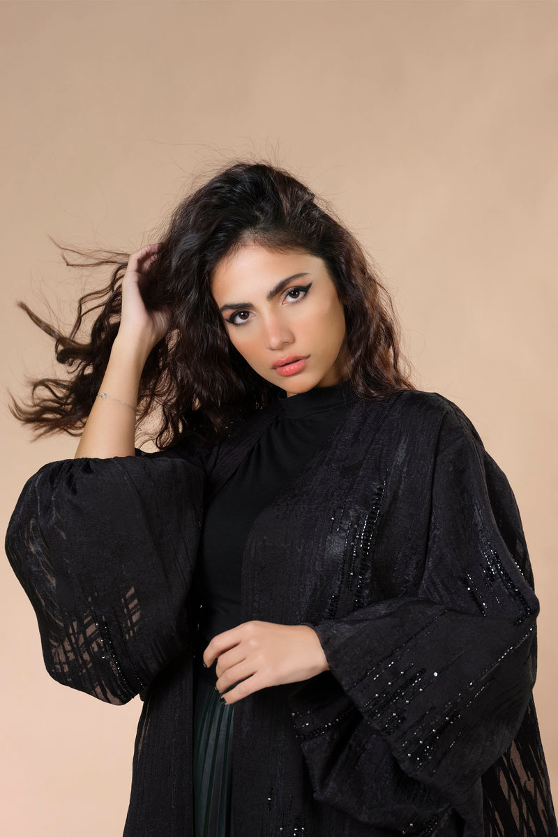 BLACK JACQUARD HAND EMBRODERED OPEN ABAYA.