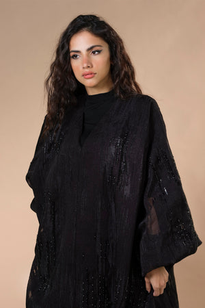 BLACK JACQUARD HAND EMBRODERED OPEN ABAYA.