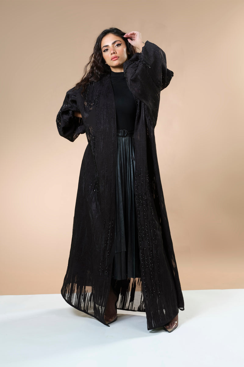 BLACK JACQUARD HAND EMBRODERED OPEN ABAYA.