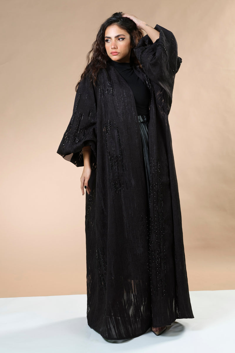 BLACK JACQUARD HAND EMBRODERED OPEN ABAYA.