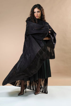 BLACK JACQUARD HAND EMBRODERED OPEN ABAYA.