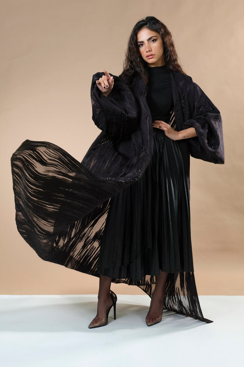 BLACK JACQUARD HAND EMBRODERED OPEN ABAYA.