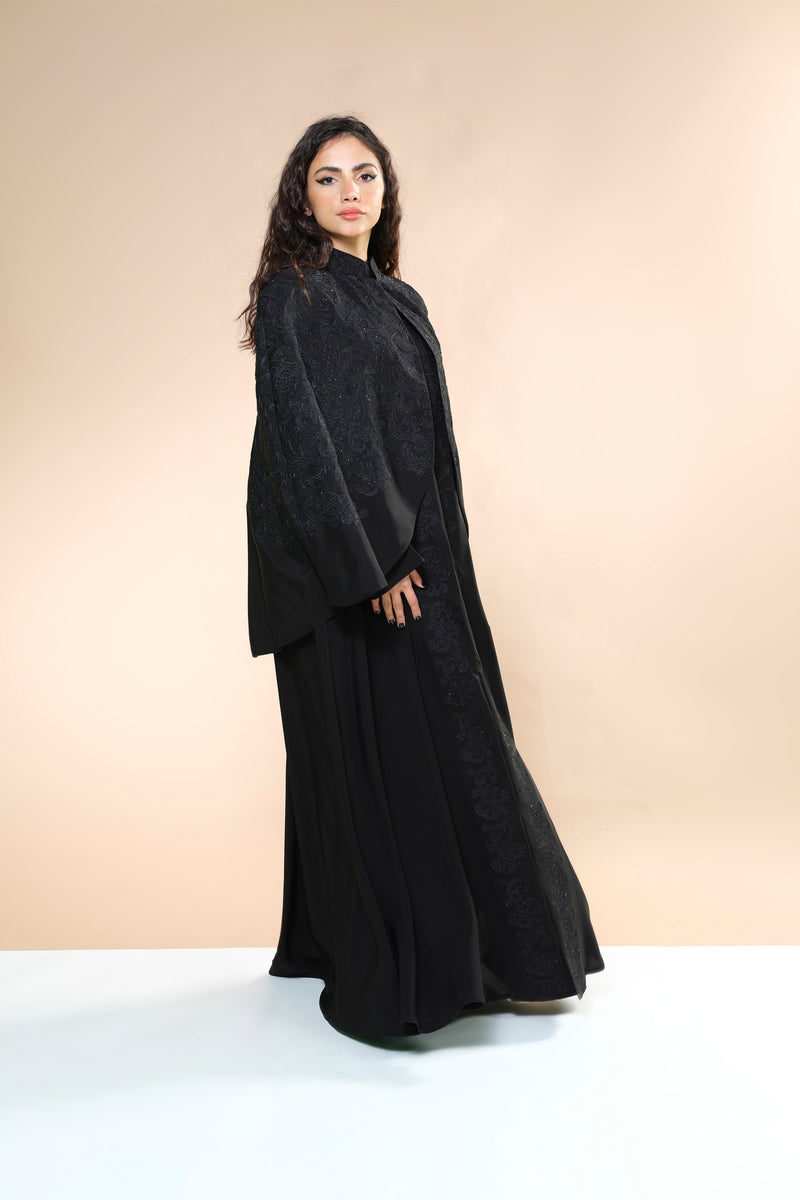 BLACK EMBRODERED DOUBLE CUT OPEN ABAYA