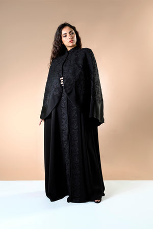 BLACK EMBRODERED DOUBLE CUT OPEN ABAYA