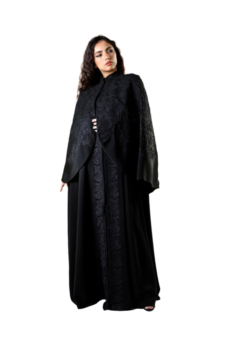 BLACK EMBRODERED DOUBLE CUT OPEN ABAYA