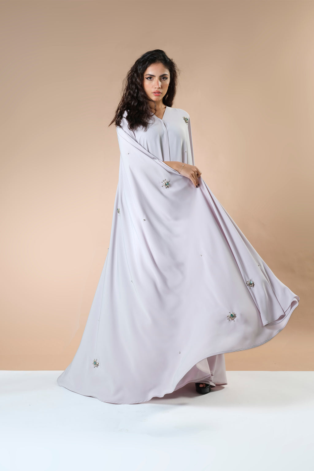 BEIGE CRYSTALIZED CREPE EMBRODERED  ABAYA.